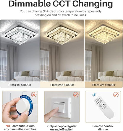 Miuyhji Elegant LED Crystal Raindrop Ceiling Light, 24 in Square Flush Mount Chandelier with Remote for Living Room Kitchen Island Bedroom Hallway Entryway Foyer (Dimmable)