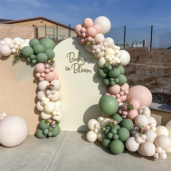 Baby in Bloom Balloon Arch Kit, 134Pcs Dusty Sage Green and Pastel Pale Pink Cream White Beige Light Gold Floral Balloon Garland for Girls Boho Baby Shower Flower Birthday Garden Tea Party Decorations