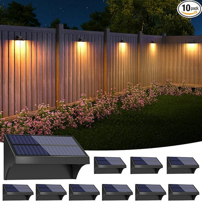 NIORSUN Outdoor Fence Lights, 10 Pack Waterproof LED Solar Fence Lights with 1500mAh Battery, Warm White/Cool White/RGB, Easy-to-Install Wall Light for Deck, Patio, Railing, Stairs, Backyard – Black