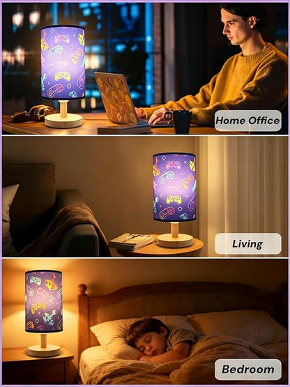 Video Game Lamp, Boy for Bedroom Reading Lamp-3-Way Dimmable Bedside Night Light with Cartoon Pattern Printed Shade and Wood Base for Kids Room,Game or Living Decor, Birthday Gifts for Boys
