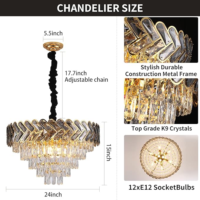 Modern Crystal Chandelier Gold,24" Round Crystals Chandeliers for Dining Room Top K9 Adjustable Ceiling Light Fixture 5-Tier Crystal Pendant Lamp 9-Light for Living Room Foyer Staircase