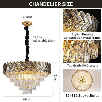 Modern Crystal Chandelier Gold,24" Round Crystals Chandeliers for Dining Room Top K9 Adjustable Ceiling Light Fixture 5-Tier Crystal Pendant Lamp 9-Light for Living Room Foyer Staircase