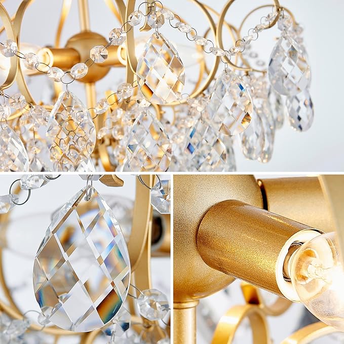 Crystal Candle Chandelier Pendant Flushmount Ceiling Light Modern Lighting Fixture for Bedroom Hallway Bar Kitchen Bathroom, H 16.9" x W 22.8", Gold, E12 Base