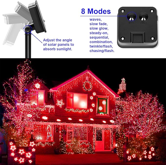 Red Solar Christmas String Lights Outdoor Waterproof, 2Pack Total 200Led 8 Modes Copper Fairy Lights, Solar Powered Outside Decorations for Valentines Day, Garden, Patio, Fence, Balcony