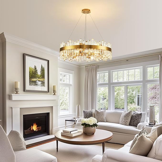 16-Light Modern Crystal Chandelier, Large Gold Round 2-Tiers K9 Crystal Chandelier, Luxury Flush Mount Crystal Pendant Ceiling Light for Dining Living Room Entryway Foyer D31.5''