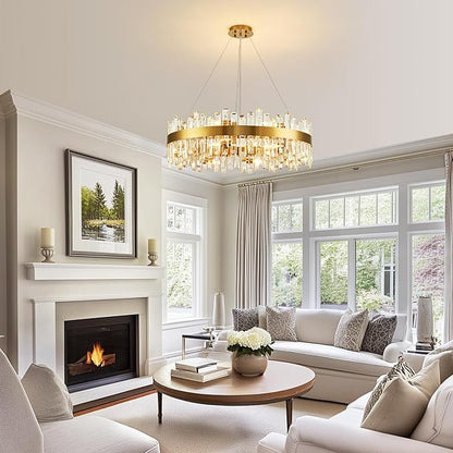 16-Light Modern Crystal Chandelier, Large Gold Round 2-Tiers K9 Crystal Chandelier, Luxury Flush Mount Crystal Pendant Ceiling Light for Dining Living Room Entryway Foyer D31.5''