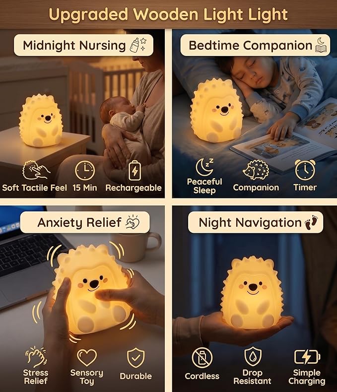 Hedgehog Night Light for Kids, 15/30/60m Timer Squishy Silicone Baby Lamp, Remote & Touch 8-Color BPA-Free Rechargeable Nursery Light for Breastfeeding Bedside Sleep Buddy Decor Gift