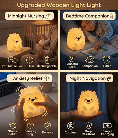 Hedgehog Night Light for Kids, 15/30/60m Timer Squishy Silicone Baby Lamp, Remote & Touch 8-Color BPA-Free Rechargeable Nursery Light for Breastfeeding Bedside Sleep Buddy Decor Gift
