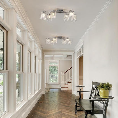 Garwarm 35" Semi Flush Mount Ceiling Light, 6 Lights Modern Crystal Chandeliers, Dining Room Light Fixture Kitchen Lighting Fixtures Ceiling for Living Room Bedroom Chrome
