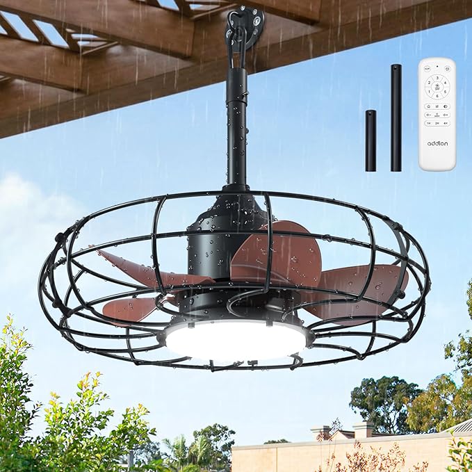 addlon 20 Inch Outdoor Ceiling Fan with Light for Patio, IP65 Waterproof Plug in Caged Hanging Fan, Remote Control, 3 CCT, 6 Speeds Reversible Outdoor Fan for Gazebo, Pergola, Porch