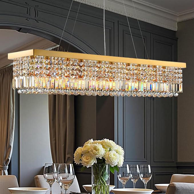 Gold Modern Crystal Chandeliers for Dining Room Light Fixture, 10-Light Rectangle Chandelier for Kitchen Island Living Room, L47.2 Inch