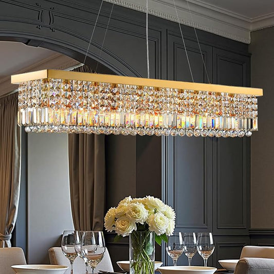 Gold Modern Crystal Chandeliers for Dining Room Light Fixture, 10-Light Rectangle Chandelier for Kitchen Island Living Room, L47.2 Inch