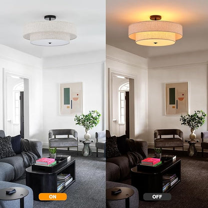 Modern Semi Flush Mount Ceiling Light 21.7" Modern Black 4-Lights Drum Ceiling Lighting Fixture Vintage Linen Golden Ceiling Lamp for Laundry Room, Kitchen, Living Room, Dining Room, Bedroom