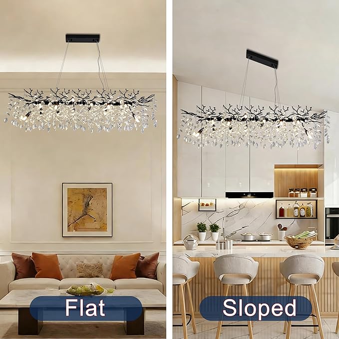 Modern Crystal Tree Branches Chandelier, 47.5in Black 14 Lights Large Ceiling Hanging Light for Dining Room, Rectangle Raindrop Pendant Light Fixture