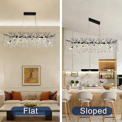Modern Crystal Tree Branches Chandelier, 47.5in Black 14 Lights Large Ceiling Hanging Light for Dining Room, Rectangle Raindrop Pendant Light Fixture