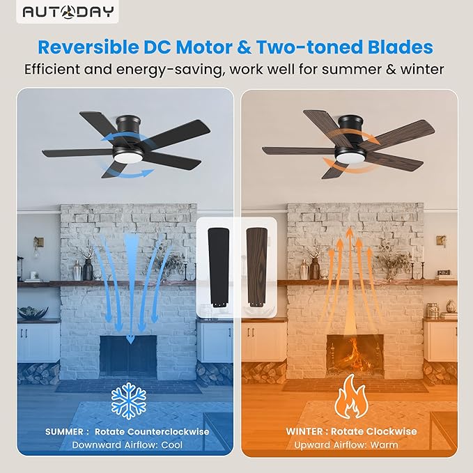 42 Inch Low Profile Ceiling Fan with Light, Black Ceiling Fans with Lights and Remote, Flush Mount, 6 Speeds Reversible Quiet DC, 3CCT Dimmable, Indoor Outdoor Ceiling Fans for Patios Bedroom