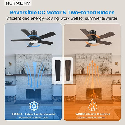 42 Inch Low Profile Ceiling Fan with Light, Black Ceiling Fans with Lights and Remote, Flush Mount, 6 Speeds Reversible Quiet DC, 3CCT Dimmable, Indoor Outdoor Ceiling Fans for Patios Bedroom