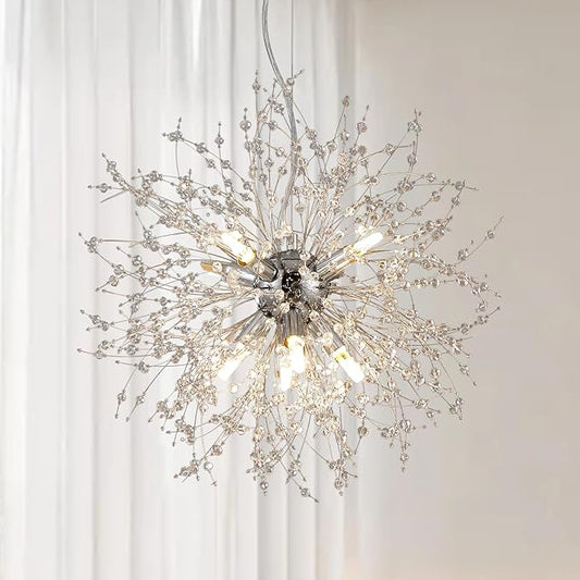 8-Light Modern Firework Chandeliers, Round Sputnik Hanging Lamp, Chrome Crystal Beaded Lighting, Small Dandelion Pendant Light for Entryway Dining Room Kitchen Island (Chrome, D15.7inch)