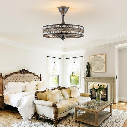 Chandelier Ceiling Fan with Light, Vintage Crystal Victorian Art Deco Elegant Fandelier, Caged Bladeless Enclosed Drum Pendant Light Fixture for Dining Room, Bedroom, Kitchen Island, Entryway