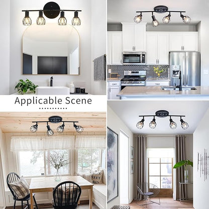 Track Lighting Kit, 4-Light Adjustable Multi-Directional Ceiling Light Fixtures, Vintage Black Metal Wire Cage Farmhouse Light Fixtures Ceiling Mount for Kitchen Dining Table Hallway Bathroom Bedroom
