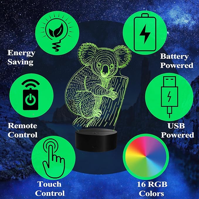 Koala Night Light, Koala Gifts, 3D Illusion Lamp with Remote Control, 16 RGB Colors, 4 Flashing Modes, Timer, Dimmable, Cute Animal for Decor for Holiday Birthday Christmas