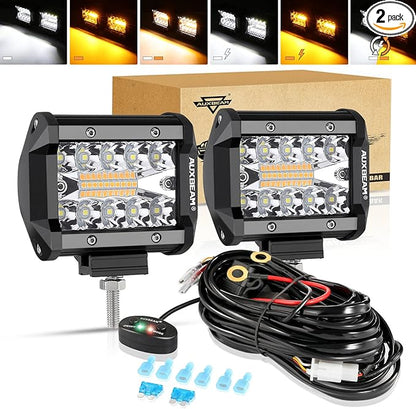 Auxbeam 4 Inch LED Driving Pods, 120W 12000LM Spot Flood Combo Triple Row Off Road Light Bar, 6 Modes Dual Color Amber White Auxiliary Flashing Fog Light for Trucks SUV ATV UTV Jeep, 2PCS