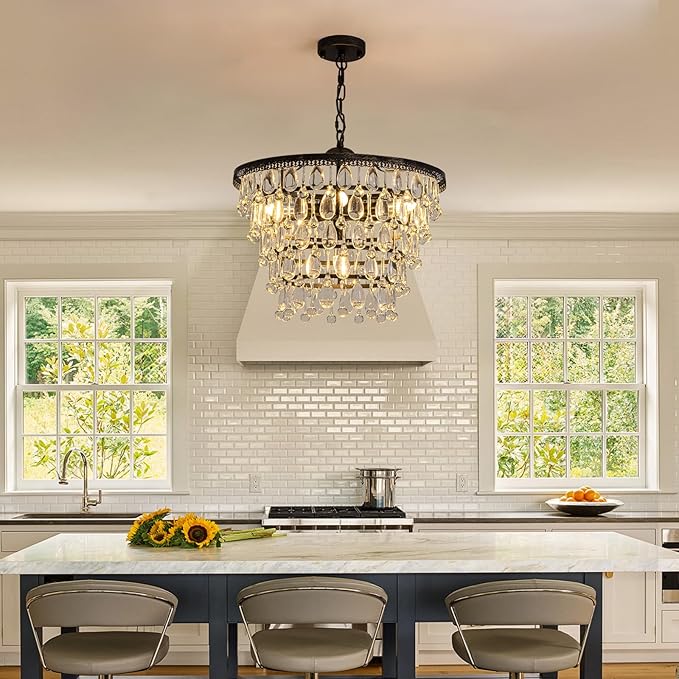 7PM Vintage Crystal Chandelier for Dining Room,20-inch Antique Crystal Ceiling Light Fixture, 5-Tier Bronze Chandelier for Living Room, Kitchen Island,Bedroom, Entryway