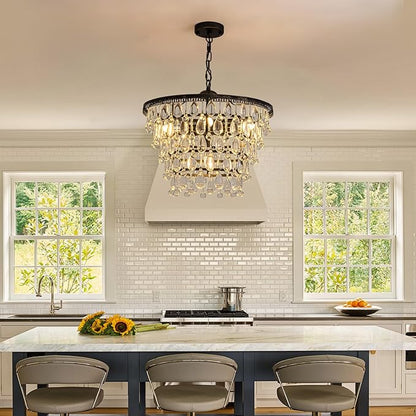 7PM Vintage Crystal Chandelier for Dining Room,20-inch Antique Crystal Ceiling Light Fixture, 5-Tier Bronze Chandelier for Living Room, Kitchen Island,Bedroom, Entryway