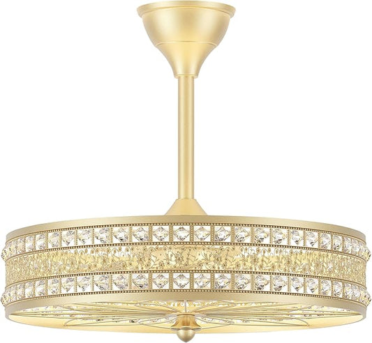 Gold Chandelier Light Fixture, 6-Light Champagne French Rococo Crystal Fandelier Ceiling Fan with Light, Coquette Decorative Bladeless Enclosed Caged Pendant for Dining Room, Bedroom, Living Room