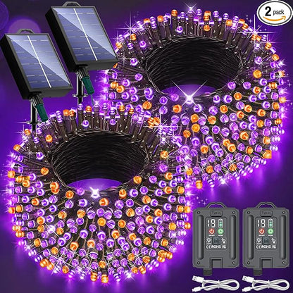 New Upgraded Orange and Purple Solar Halloween Lights, 19 Modes 2 Pack Total 144FT 400 LED Solar String Lights Outdoor Waterproof Solar & USB Rechargeable for Halloween Decorations, Orange & Purple