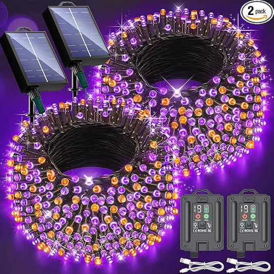 New Upgraded Orange and Purple Solar Halloween Lights, 19 Modes 2 Pack Total 144FT 400 LED Solar String Lights Outdoor Waterproof Solar & USB Rechargeable for Halloween Decorations, Orange & Purple