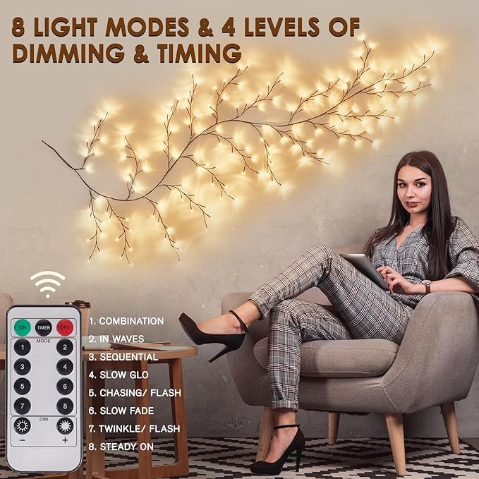 Bexdir Enchanted Willow Vine Lights 9.3ft 160LED, Vines for Home Decor Lighted Tree for Walls in 8 Modes & Timer, Branches Lights for Halloween Christmas Holiday Decor Indoor with Timer