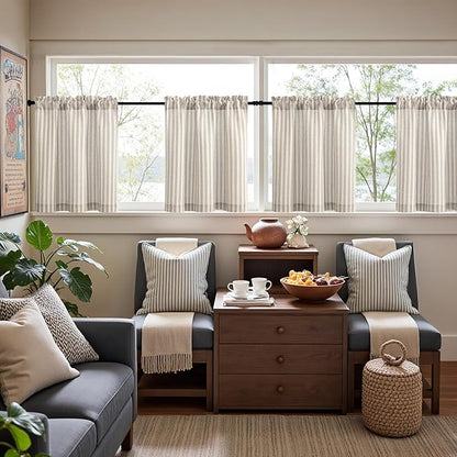 jinchan Striped Linen Kitchen Curtains 24 Inches Tier Curtains Farmhouse Modern Cafe Style Small Window Treatments Airy Light Filtering Rod Pocket for Living Room Bathroom 2 Panels Taupe Grey