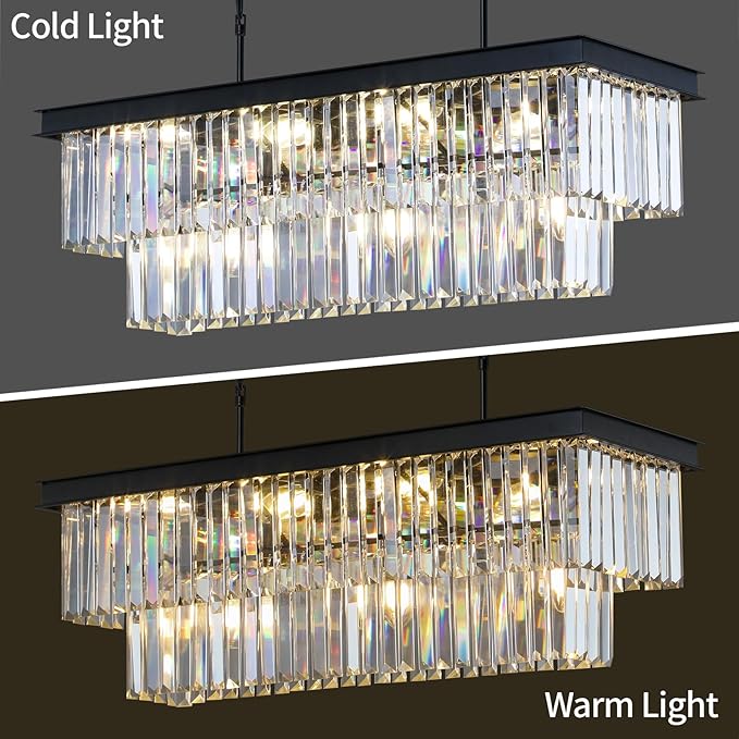 Weesalife Crystal Chandeliers for Dining Room 11-Light Black Modern Chandelier Rectangle Contemporary Pendant Light Fixture for Kitchen Island Bar L33.5 Inch