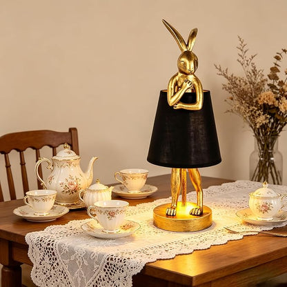 YHT Bunny Table Lamp, Cute Animal Rabbit Lamp,15.7" Vintage LED Desk Light with Linen Lampshade, for Bedroom, Study Room, Office, Home Decor,Mothers Day Gifts for Mom(Black)