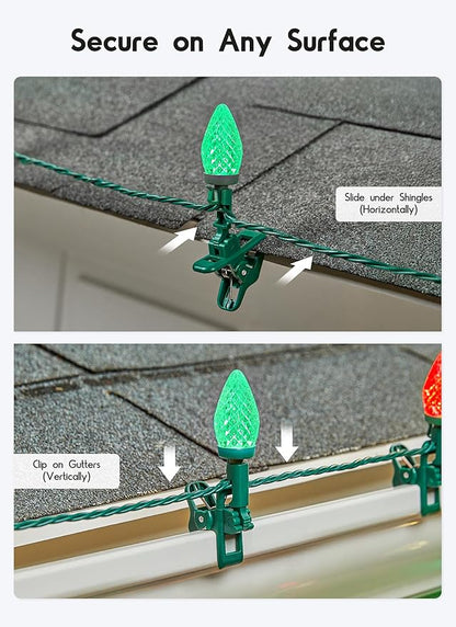 C9 LED Christmas Lights Outdoor, 68 Feet 100 LED Strawberry String Lights With 100 Spring Clamps, Waterproof Commercial Grade Extendable for Outside Roofline Patio Home Xmas Decoration, Red & Green