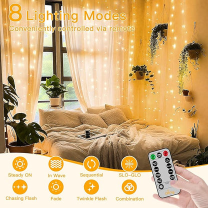 Ollny Curtain Lights 6.6x6.6ft, 200 LED String Lights with Remote 8 Modes Dimmable Timer, USB Power Fairy Light for Bedroom Backdrop Indoor Wall Window Christmas Decorations, Warm White