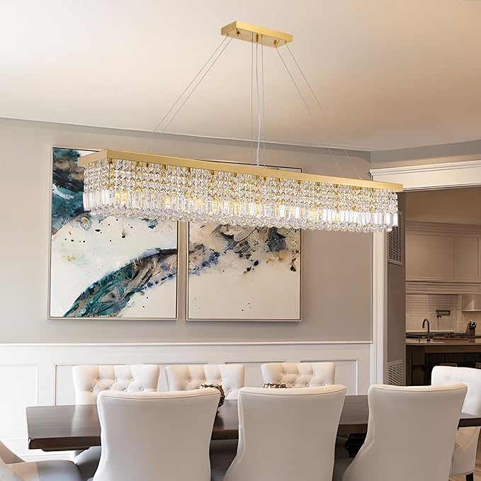 59-inch Modern Crystal Chandelier,13-Light K9 Crystal Rectangle Chandelier for Dining Room,Kitchen Island Adjustable Hanging Pendant Light Fixture,Gold Brass