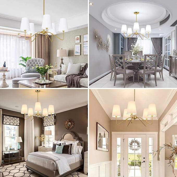 5-Light Modern Chandelier with White Shades, 30” Brass Gold Chandelier for Dining Room, Classic Pendant Ceiling Light Fixture w/ E12 Base Hanging Lamp for Living Room Hallway Bedroom Height Adjustable