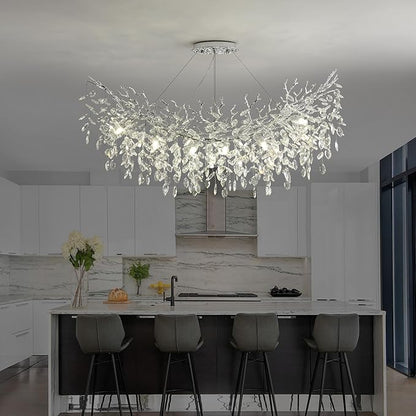 Rectangle Crystal Tree Branch Chandelier, L40'' Modern Luxury Chrome Linear Art Deco Raindrop Pendant Lighting Fixture for Kitchen Island Foyer Living Room Dining Room 10 Lights