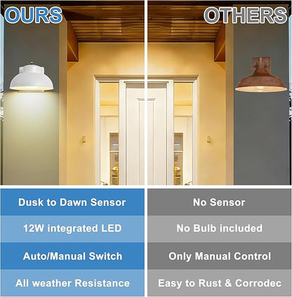 LED Outdoor Wall Lights, 2 Pack Dusk to Dawn LED Porch Light 12W Integrated 3000K Farmhouse Barn Style White Metal Wall Mount Light Hardwired for Porches, Garages, Patios, Sheds, Driveways, Walkways