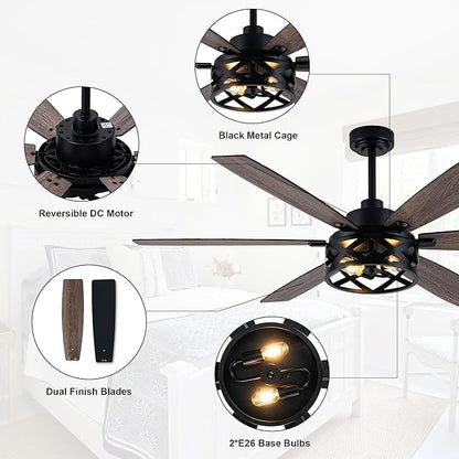 Farmhouse Ceiling Fan with Lights and Remote Large Rustic Ceiling Fan Caged Fandelier Industrial Chandelier Light, Reversible Quiet DC Motor 6 Speed for Indoor Outdoor (Farmhouse, 60 Inch)