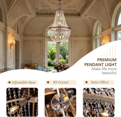 Wellmet French Empire Crystal Chandelier Farmhouse Antique Bronze Chandeliers Light Fixture, 7 Lights Adjustable Pendant Light for Dining Living Room, Bedroom, Entryway, Kitchen, Foyer, 19" W