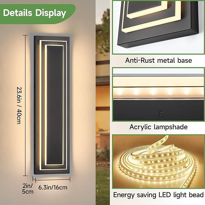 23.6 in Outdoor Wall Light Fixture,Black Outdoor Modern Square Wall Lights for Hallway, 2-Tier Garage Side Wall Sconces,Waterproof Front Porch Light Integrated 3000K 36W LED Light Bead,2PCS
