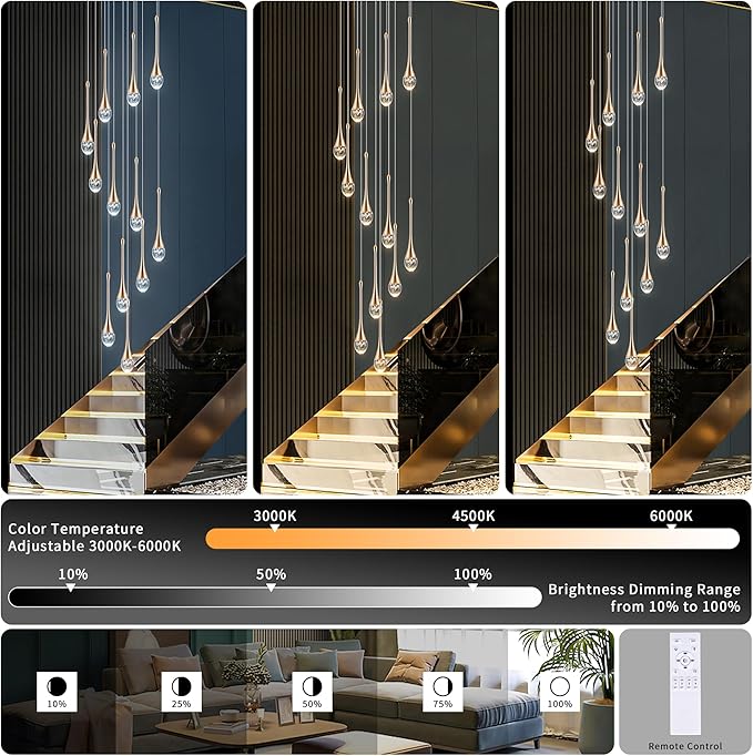 Modern Crystal Staircase Chandelier Gold 12-Lights, H120'' Large High Ceiling Spiral Dimmable LED Raindrop Foyer Entryway Light Fixture Remote Control