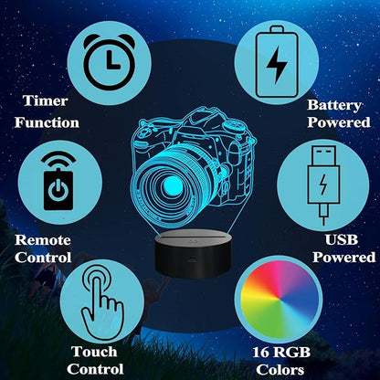 Photographer Gifts for Men, Camera 3D Night Light with Remote Control, 16 Colors Changing, Timer, Dimmable, RGB Flashing Mode, Photography Gifts Gifts for Men Women Christmas Decor