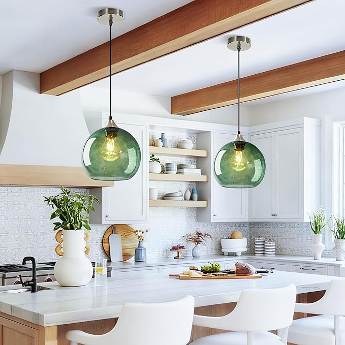 Gray Green Glass Pendant Light, 1 Pack Modern Ceiling Light Fixture with 1 Bulb, 4.92ft Adjustable Cord, Lighting for Kitchen Island, Dining Room, Living Room, Entryway(7.1Inch)