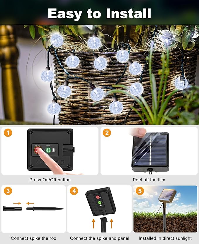 btfarm 2 Pack Solar String Lights Outdoor Waterproof, Total 98 FT 100 LED Solar Powered Patio Light, 8 Lighting Modes Crystal Globe Decoration for Garden Balcony Yard Porch Fence Party, Cool White