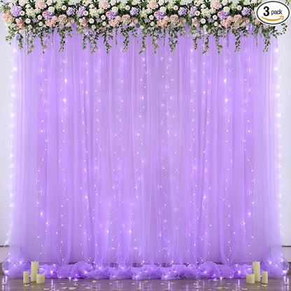 Lavender Sheer Backdrop Curtain with Led Lights for Baby Shower Girls Wedding10ft X 10ft Lavender Tulle Backdrop Curtain for Bridal Shower Birthday Party Photoshoot Arch Background Decorations