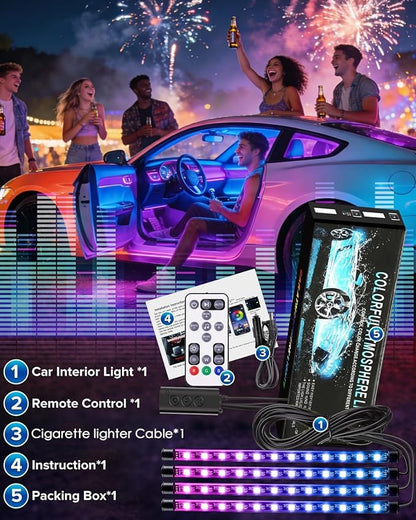 Car Interior LED Strip Lights with Smart App & Remote Control, Music Sync Under Dash Footwell Ambient Lighting Kit, 12V Cigarette Lighter Powered Internal Decor Lights for Cars, Trucks, SUVs